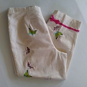Vtg. A.K.C. Embroidered Butterfly Linen High Rise Carpri Pants L Off White Cream